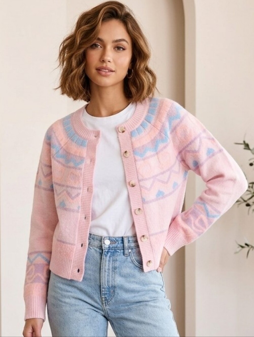 VICI Collection Imena Pink Fair Isle Knit Cardigan Sweater Small NWOT
